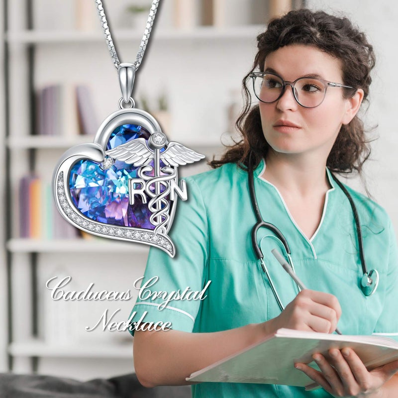 TOUPOP Gifts for Nurse Nurse Gifts for Women Sterling Silver Heart RN Caduceus Pendant Necklace with Purple Heart Crystal Medical Jewelry - Image 2